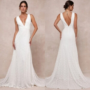 Lulu's Infinite Bliss Ivory Lace Sleeveless Backless Trumpet Maxi Dress Bride